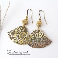 Textured Gold Brass Dangle Earrings - Artisan Handmade Metal Jewelry