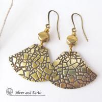 Textured Gold Brass Dangle Earrings - Artisan Handmade Metal Jewelry