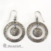 Textured Sterling Silver Hoop Dangle Earrings - Contemporary Modern Jewelry