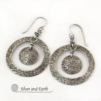 Textured Sterling Silver Hoop Dangle Earrings - Contemporary Modern Jewelry