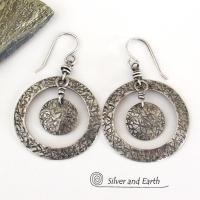 Textured Sterling Silver Hoop Dangle Earrings - Contemporary Modern Jewelry