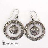 Textured Sterling Silver Hoop Dangle Earrings - Contemporary Modern Jewelry