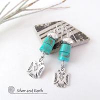 Silver Thunderbird Earrings with Natural Turquoise Stones - Southwestern Jewelry