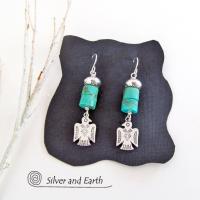 Silver Thunderbird Earrings with Natural Turquoise Stones - Southwestern Jewelry