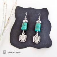 Silver Thunderbird Earrings with Natural Turquoise Stones - Southwestern Jewelry