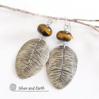 Sterling Silver Earrings with Palm Leaf Texture & Brown Tiger's Eye Stones