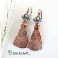 Bohemian Tribal Copper Earrings with Silver Beads - Unique Mixed Metal Jewelry