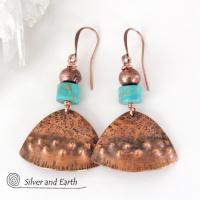 Textured Copper Earrings with Turquoise Stones - Tribal Southwestern Jewelry