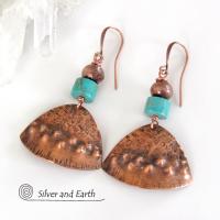 Textured Copper Earrings with Turquoise Stones - Tribal Southwestern Jewelry
