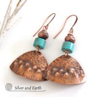 Textured Copper Earrings with Turquoise Stones - Tribal Southwestern Jewelry