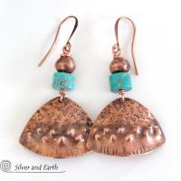 Textured Copper Earrings with Turquoise Stones - Tribal Southwestern Jewelry