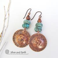 Boho Tribal Copper Earrings with Turquoise - Unique Artisan Handmade Jewelry