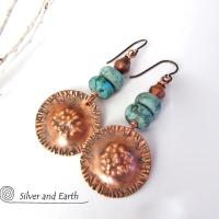 Boho Tribal Copper Earrings with Turquoise - Unique Artisan Handmade Jewelry