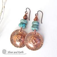 Boho Tribal Copper Earrings with Turquoise - Unique Artisan Handmade Jewelry