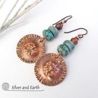 Boho Tribal Copper Earrings with Turquoise - Unique Artisan Handmade Jewelry