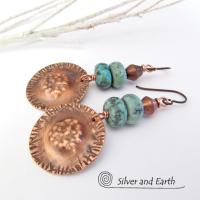 Boho Tribal Copper Earrings with Turquoise - Unique Artisan Handmade Jewelry