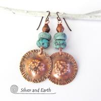 Boho Tribal Copper Earrings with Turquoise - Unique Artisan Handmade Jewelry