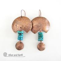 Copper Crescent Moon Earrings with Turquoise - Boho Chic Tribal Jewelry