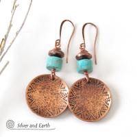 Round Copper Dangle Earrings with Turquoise Stones - Boho Southwestern Jewelry