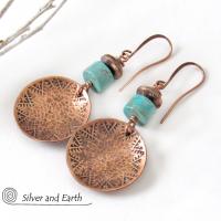 Round Copper Dangle Earrings with Turquoise Stones - Boho Southwestern Jewelry