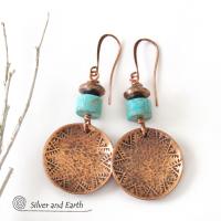 Round Copper Dangle Earrings with Turquoise Stones - Boho Southwestern Jewelry