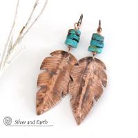 Hand Forged Copper Feather Earrings with Natural Turquoise Heishi Stones