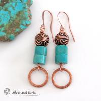 Round Hammered Copper Dangle Earrings with Turquoise Stones & Filigree Beads