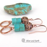 Round Hammered Copper Dangle Earrings with Turquoise Stones & Filigree Beads