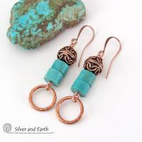 Round Hammered Copper Dangle Earrings with Turquoise Stones & Filigree Beads