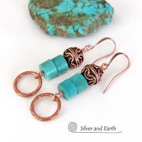 Round Hammered Copper Dangle Earrings with Turquoise Stones & Filigree Beads