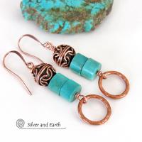 Round Hammered Copper Dangle Earrings with Turquoise Stones & Filigree Beads