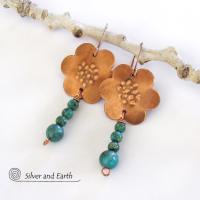 Copper Flower Earrings with Dangling Turquoise - Earthy Nature Jewelry