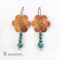 Copper Flower Earrings with Dangling Turquoise - Earthy Nature Jewelry