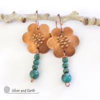 Copper Flower Earrings with Dangling Turquoise - Earthy Nature Jewelry