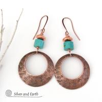 Textured Round Copper Hoop Dangle Earrings with Turquoise Stones