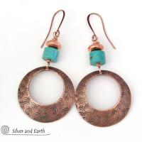 Textured Round Copper Hoop Dangle Earrings with Turquoise Stones