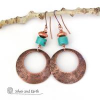 Textured Round Copper Hoop Dangle Earrings with Turquoise Stones