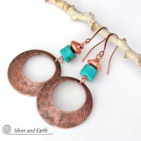 Textured Round Copper Hoop Dangle Earrings with Turquoise Stones