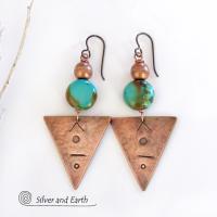 Copper Triangle Earrings with Natural Turquoise Stones - Modern Tribal Jewelry