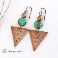 Copper Triangle Earrings with Natural Turquoise Stones - Modern Tribal Jewelry