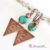 Copper Triangle Earrings with Natural Turquoise Stones - Modern Tribal Jewelry