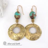 Gold Brass Hoop Earrings with Turquoise Stones - Modern Chic Jewelry