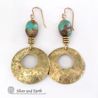 Gold Brass Hoop Earrings with Turquoise Stones - Modern Chic Jewelry