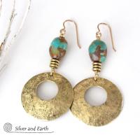 Gold Brass Hoop Earrings with Turquoise Stones - Modern Chic Jewelry