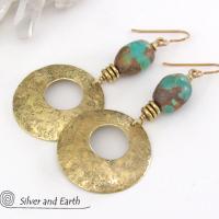 Gold Brass Hoop Earrings with Turquoise Stones - Modern Chic Jewelry