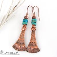 Textured Copper Earrings with Natural Turquoise - Boho Southwestern Jewelry