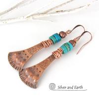 Textured Copper Earrings with Natural Turquoise - Boho Southwestern Jewelry