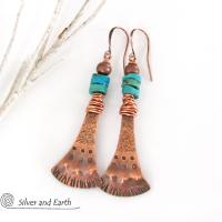 Textured Copper Earrings with Natural Turquoise - Boho Southwestern Jewelry