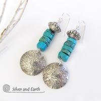 Round Sterling Silver Dangle Earrings with Natural Turquoise Heishi Stones