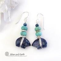 Lapis Zuni Bear Earrings with Turquoise - Southwest Spirit Animal Fetish Jewelry